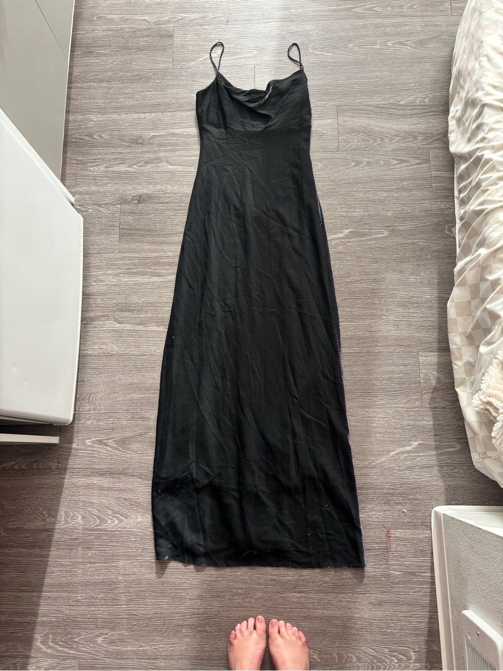 Vintage metalic mmmSilver translucent Jump Black Spaghetti-Strap Maxi Slip dress